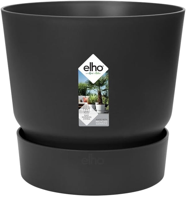 elho Greenville Round 30 - Large Flower Pot with Integrated Water Reservoir - Indoor & Outdoor - 100% Recycled Plastic - Ø 29.5 x H 27.8 cm - Black/Living Black