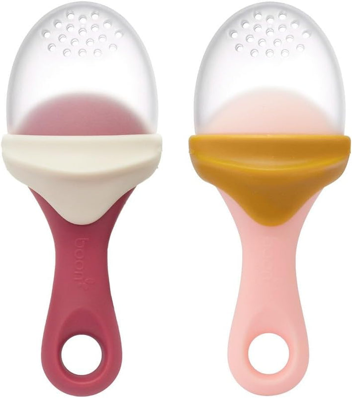 Boon Pulp Silicone Baby Fruit Feeder - Soft Silicone Baby Feeding Set - Fruit and Vegetable Baby Led Weaning Supplies - Baby Feeding Essentials - Orange/Mauve and White/Mauve- 2 Count