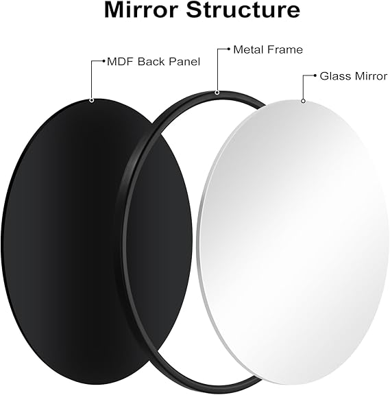WOLTU Wall Mirror φ 50 cm with Black Frame, Modern Round Hanging Mirror for Bathroom Bedroom Living Room Hallway, Made of Metal MDF, MB6094sz02