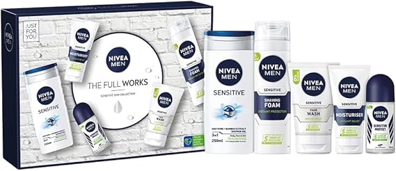 NIVEA MEN The Full Works Gift Set (5 Pieces), Men's Gift Set Includes Shower Gel, Face Wash, Moisturiser, Anti-Perspirant Roll-On, and Shaving Foam