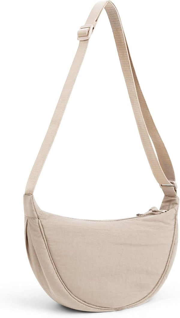DKIIL NOIYB Crescent Bag for Women Men, Nylon Crescent Bags Hobos Crossbody Bag Portable Crescent Purse with Adjustable Strap Solid Color Chest Bag Shoulder Bag Fanny Packs, A02-beige, 31cm