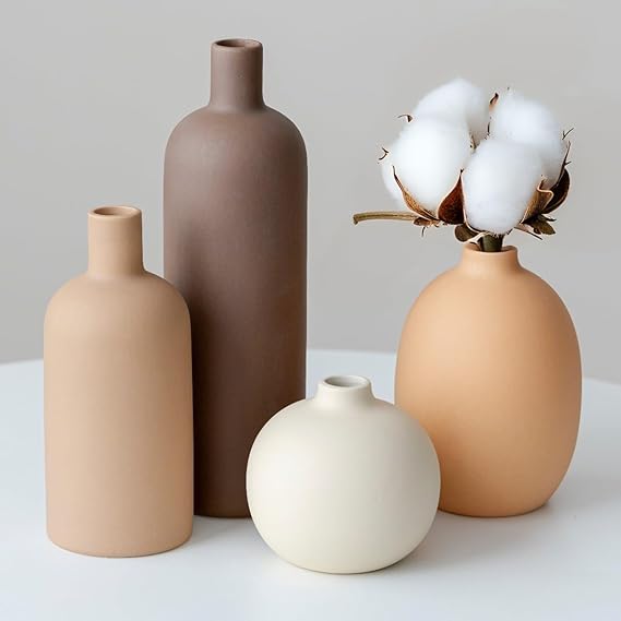 Decorative Ceramic Vase Set, 4-Piece Neutral Tones, Modern Boho Design for Living Room, Entryway, Mantel (Neutral Earth Tone set 4)
