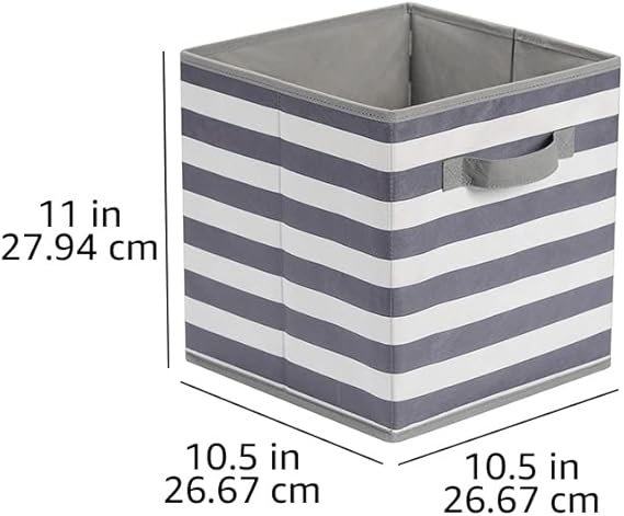 Amazon Basics Collapsible Fabric Storage Cube/Organiser with Handles, Pack of 6, Awning Stripe White/Light Grey, 26.6 x 26.6 x 27.9 cm