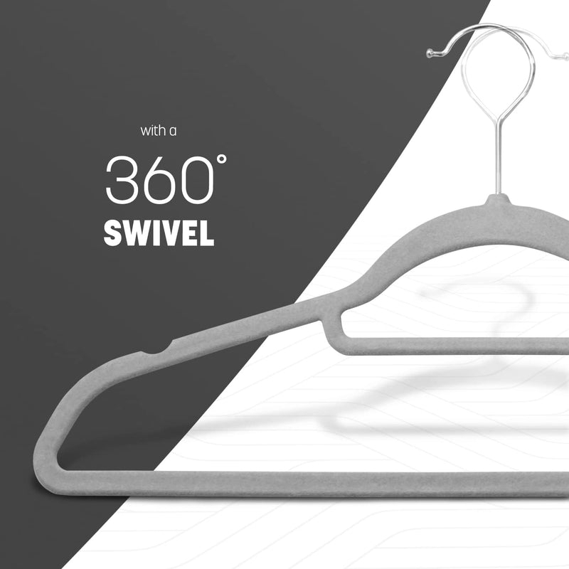 KEPLIN Velvet Hangers 20 Pack - Non-Slip Clothes Hangers with Tie Bar & 360° Hook - Durable & Sturdy, Space-Saving Wardrobe Organisers for Suits, Jackets & Clothes- Home Storage Solution (Grey)