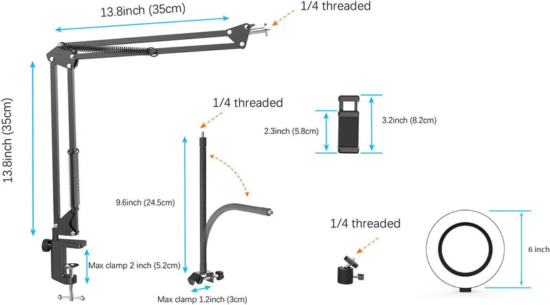 Overhead Phone Mount with Ring Light, Flexible Articulating Phone Arm Stand Compatible with iPhone, Logitech Webcam, Desk Tripod for YouTube Live Stream Cooking Nail Video Recording