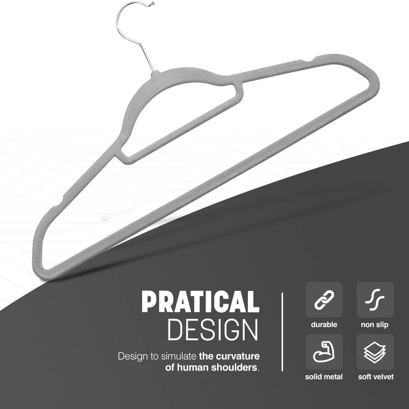 KEPLIN Velvet Hangers 20 Pack - Non-Slip Clothes Hangers with Tie Bar & 360° Hook - Durable & Sturdy, Space-Saving Wardrobe Organisers for Suits, Jackets & Clothes- Home Storage Solution (Grey)
