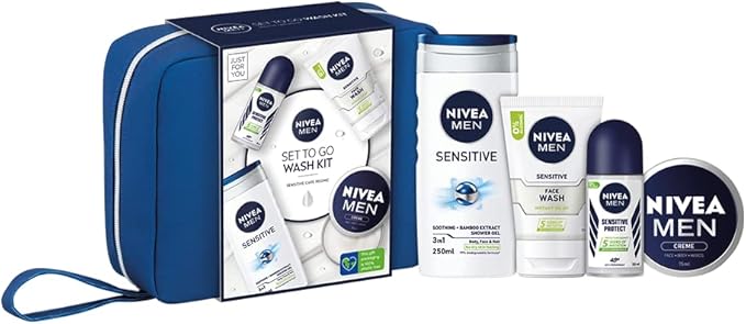 NIVEA MEN Set To Go Wash Kit Gift Set (5 Pieces), Men's Gift Set Includes Shower Gel, Face Wash, Anti-Perspirant Roll-On, Moisturising Cream and Hanging Wash Bag