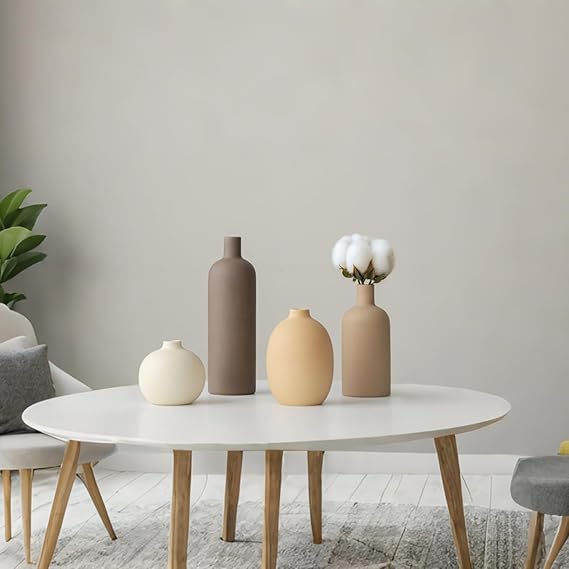 Decorative Ceramic Vase Set, 4-Piece Neutral Tones, Modern Boho Design for Living Room, Entryway, Mantel (Neutral Earth Tone set 4)