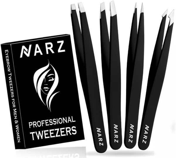 NARZ Professional Tweezers for Facial Hair Women & Men Stainless Steel Precision Tweezers for Ingrown Hair (4 Pcs)