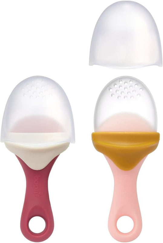 Boon Pulp Silicone Baby Fruit Feeder - Soft Silicone Baby Feeding Set - Fruit and Vegetable Baby Led Weaning Supplies - Baby Feeding Essentials - Orange/Mauve and White/Mauve- 2 Count