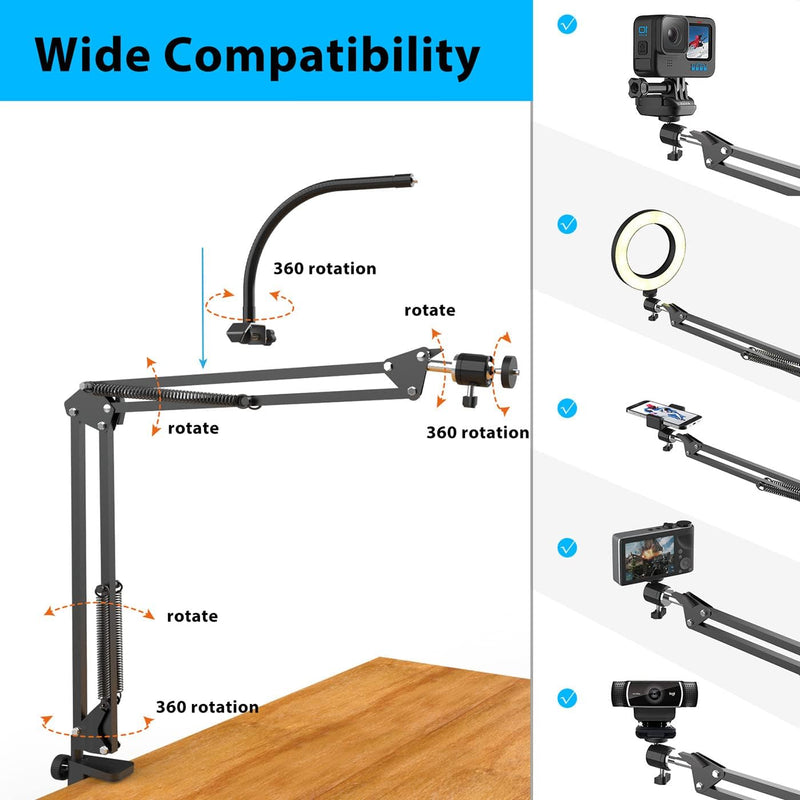 Overhead Phone Mount with Ring Light, Flexible Articulating Phone Arm Stand Compatible with iPhone, Logitech Webcam, Desk Tripod for YouTube Live Stream Cooking Nail Video Recording