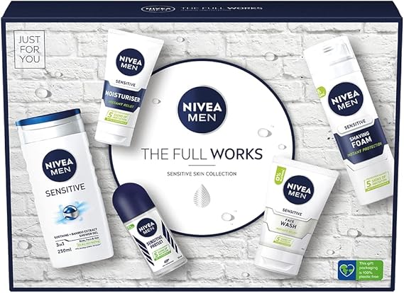 NIVEA MEN The Full Works Gift Set (5 Pieces), Men's Gift Set Includes Shower Gel, Face Wash, Moisturiser, Anti-Perspirant Roll-On, and Shaving Foam