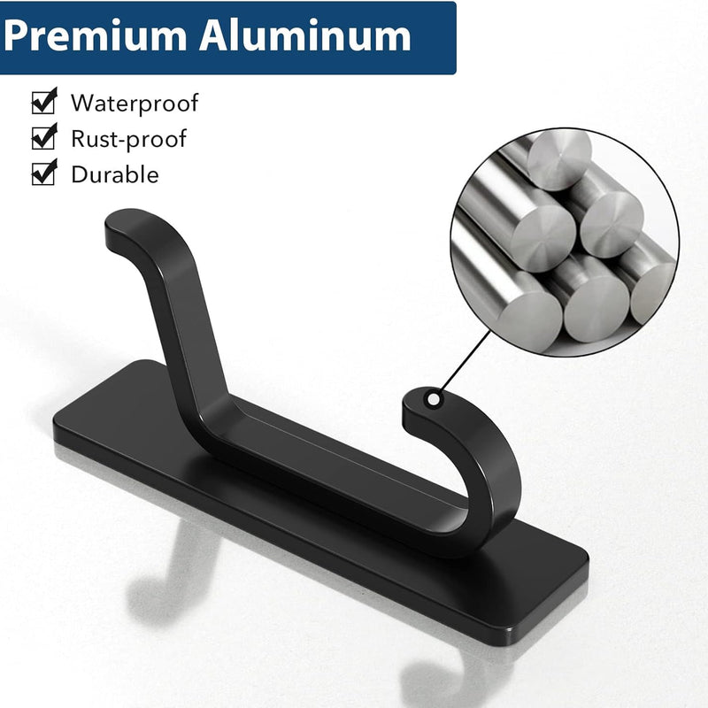 Self Adhesive Hooks, Extra Sticky and Strong, Hanging up to 6KG, Heavy Duty Stick on, No-Nail Hook for Back of Door, Black, 4 Pack