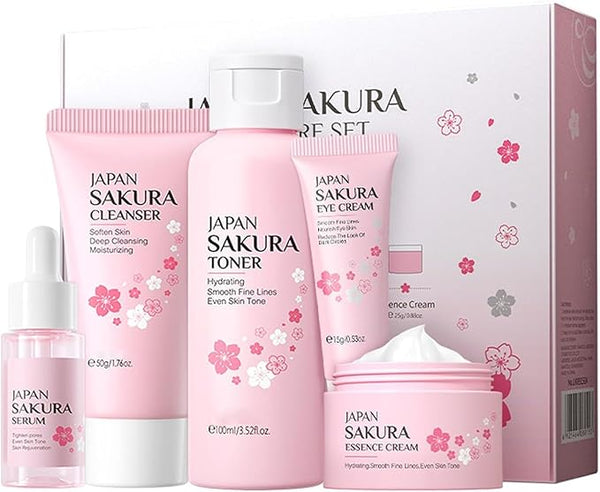 SAKURA Skin Care Set, Skin Care Sets & Kits Women Girls Gift Set with Cleanser, Face Serum, Face Cream, Toner, Eye Cream, Travel Size Skincare Set for Women, Teen Girls, Birthday Christmas Gift