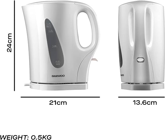 Daewoo Essentials 1.7L Fast Boil Electric Kettle – White Plastic Cordless Jug with Auto Shut-Off & Boil-Dry Protection, Compact, Easy to Use & Clean