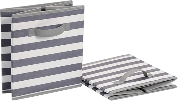 Amazon Basics Collapsible Fabric Storage Cube/Organiser with Handles, Pack of 6, Awning Stripe White/Light Grey, 26.6 x 26.6 x 27.9 cm