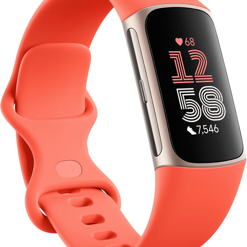 Fitbit Charge 6 Fitness Tracker with Heart Rate, GPS, Premium Membership, and Health Tools - Gold Case w/ Red Band, 1.04 Screen