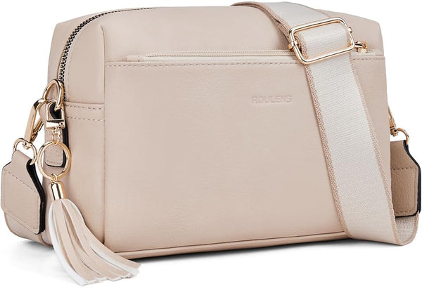 Roulens Small Crossbody Bag with 3 Zip Compartments,Vegan Leather Phone Bag for Women,Shoulder Bag with Adjustable and Removable Wide Strap