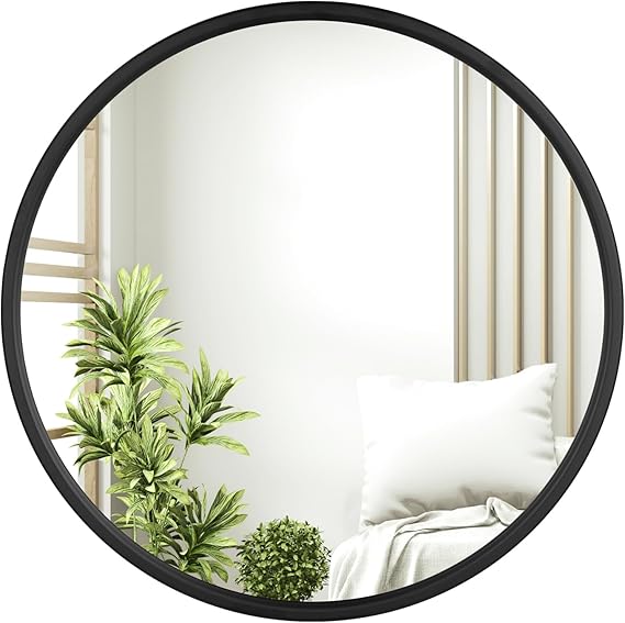 WOLTU Wall Mirror φ 50 cm with Black Frame, Modern Round Hanging Mirror for Bathroom Bedroom Living Room Hallway, Made of Metal MDF, MB6094sz02