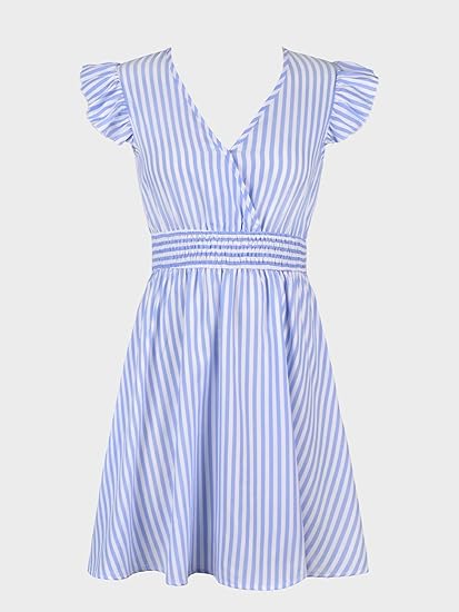 CUPSHE Women's Mini Dress Striped V Neck Flutter Sleeve Smocked Waist A Line Casual Summer Dresses