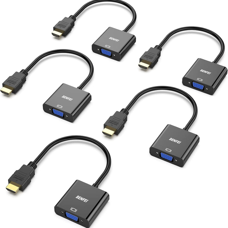 BENFEI - HDMI to VGA Cable, Gold Plated, Set of 5, Male to Female for Computer, Laptop, PC, Monitor, Projector, HDTV, Chromebook, Raspberry Pi, Roku, Xbox and More, Black