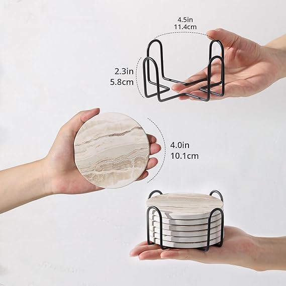 LIFVER Coasters Set of 6 - Marble Ceramic With Holder and Cork Base for Women Men, Various Cups, Tables & Home Decor, 4''