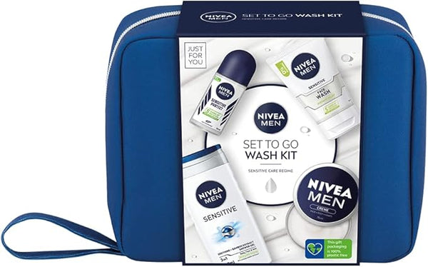 NIVEA MEN Set To Go Wash Kit Gift Set (5 Pieces), Men's Gift Set Includes Shower Gel, Face Wash, Anti-Perspirant Roll-On, Moisturising Cream and Hanging Wash Bag