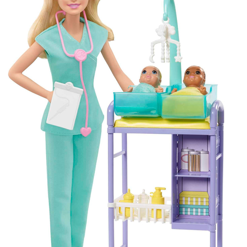 Barbie Baby Doctor Doll with Blonde Fashion Doll Wearing Pink Scrubs, 1 Baby Doll with Baby Accessories & Furniture, JCR72