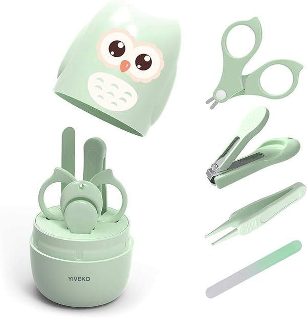 YIVEKO Baby Nail Kit, 4-in-1 Baby Nail Care Set with Cute Case, Baby Nail Clippers, Scissors, Nail File & Tweezers, Baby Manicure Kit and Pedicure kit for Newborn, Infant, Toddler, Kids-Owl Green