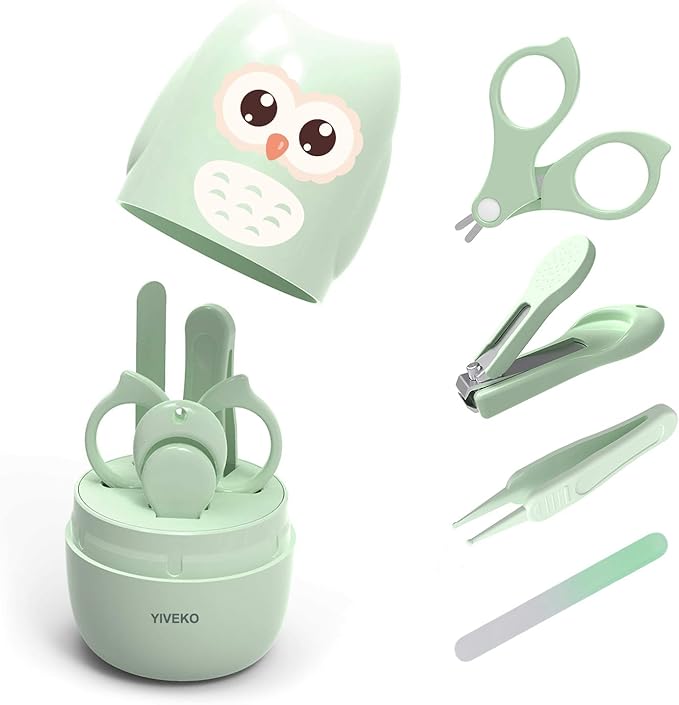 YIVEKO Baby Nail Kit, 4-in-1 Baby Nail Care Set with Cute Case, Baby Nail Clippers, Scissors, Nail File & Tweezers, Baby Manicure Kit and Pedicure kit for Newborn, Infant, Toddler, Kids-Owl Green