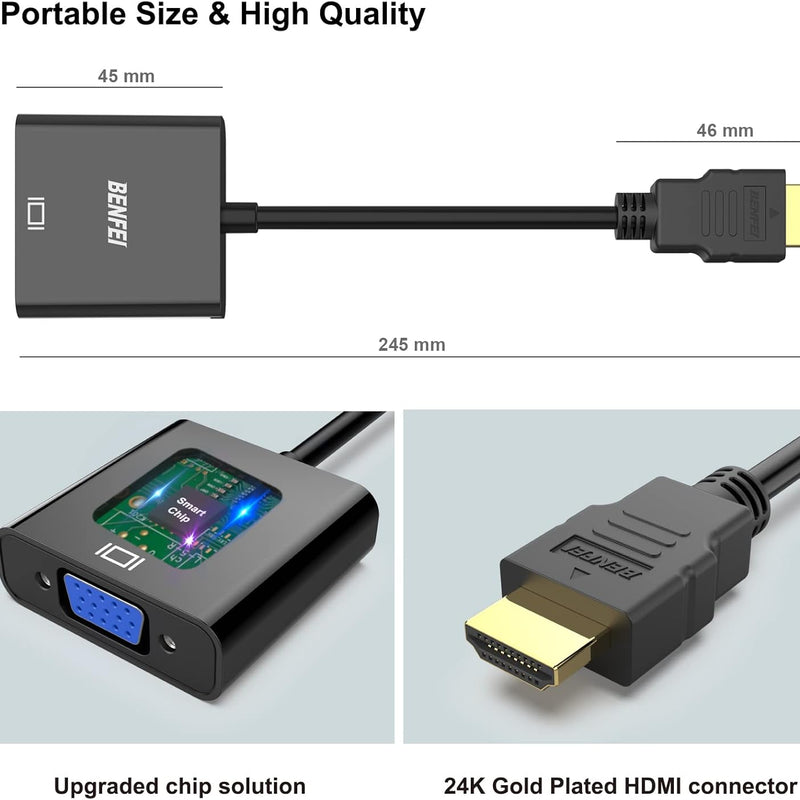 BENFEI - HDMI to VGA Cable, Gold Plated, Set of 5, Male to Female for Computer, Laptop, PC, Monitor, Projector, HDTV, Chromebook, Raspberry Pi, Roku, Xbox and More, Black