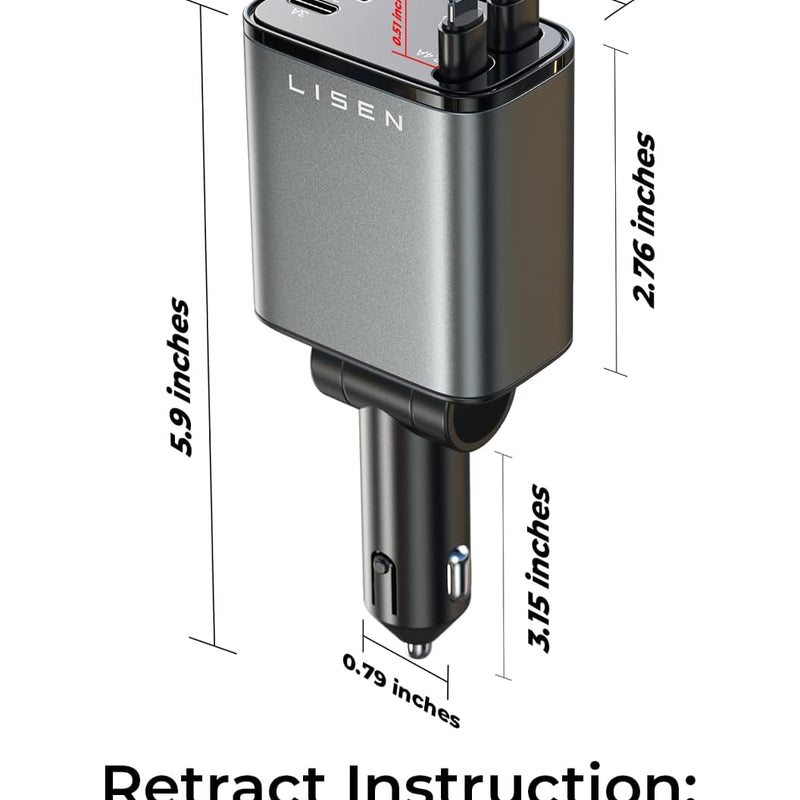 LISEN Retractable Car Charger Adapter 69W Cigarette Lighter USB Charger Travel Camping Essentials Campervan Back to School Supplies Mercedes, Fiat 500, Ford Fiesta Car Accessories Gifts for Men Women