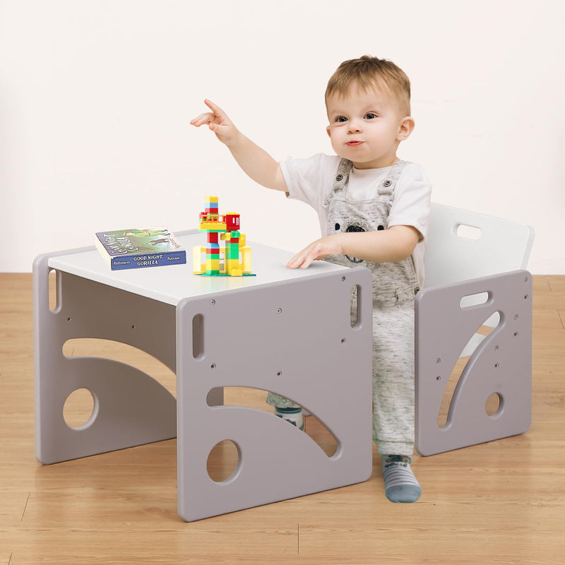 FUNLIO Montessori Weaning Table and Chair Set for Toddlers Age 1-3, Height Adjustable Toddler Table and Chair Set, Cube Kids Table Chair for Reading/Eating/Playing, Easy to Assemble, CE,CPC Certified