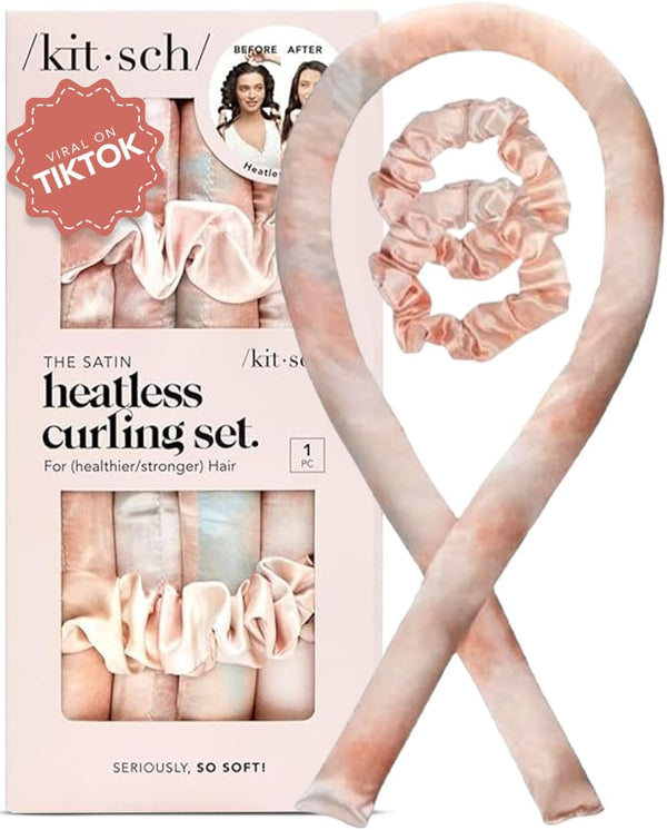 Kitsch Heatless Curling Set - Satin Heatless Hair Curler, Rollers for Heatless Curls, Hair Curler No Heat, Heatless Curler, Overnight Curls with Overnight Blowout Rods - Sunset Tie Dye