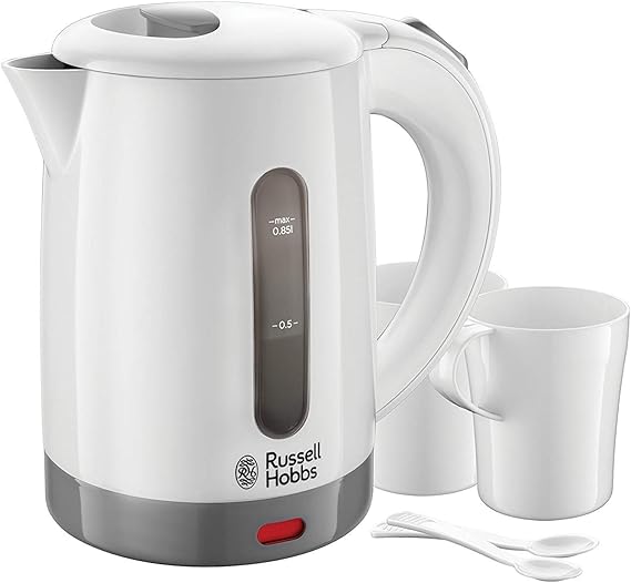 Russell Hobbs Electric 0.85L Travel Kettle, Small & Compact, Dual voltage, Ideal for abroad/caravan/camping, inc 2 cups & spoons, Removable washable anti-scale filter, water windows, 1000W, 23840