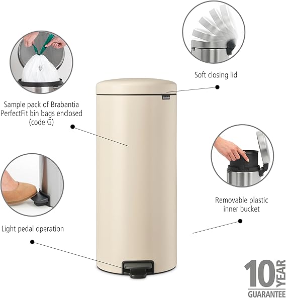 Brabantia - NewIcon Pedal Bin 30L - Large Waste Bin for Kitchen - Soft Closing Lid - Light Pedal Operation - with Removable Inner Bucket - Non-Slip Base - Soft Beige - 29 x 38 x 68 cm