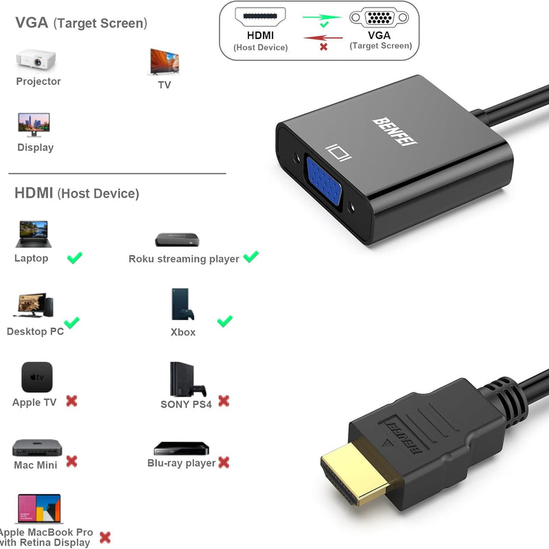 BENFEI - HDMI to VGA Cable, Gold Plated, Set of 5, Male to Female for Computer, Laptop, PC, Monitor, Projector, HDTV, Chromebook, Raspberry Pi, Roku, Xbox and More, Black