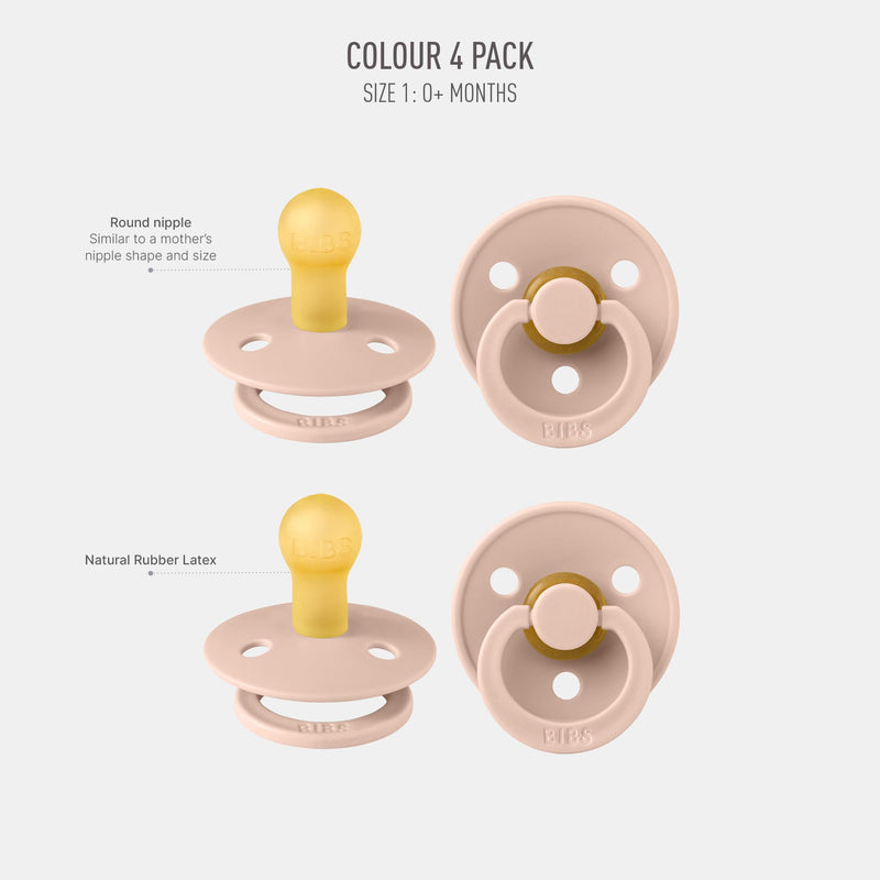 BIBS Dummies Colour 4-Pack, BPA Free Dummy Pacifier, Round Nipple Soothers, Natural Rubber Latex, Made in Denmark, Size 1 (0-6 Months), Cloud
