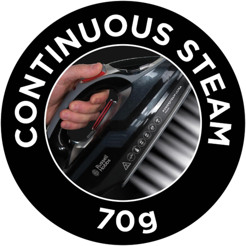 Russell Hobbs Steam Iron [3100W, 210 g/min extra steam boost, 70 g/min steam] Power Steam (350ml, ceramic soleplate, self-cleaning & spray water function, anti-limescale, drip stop) 20630