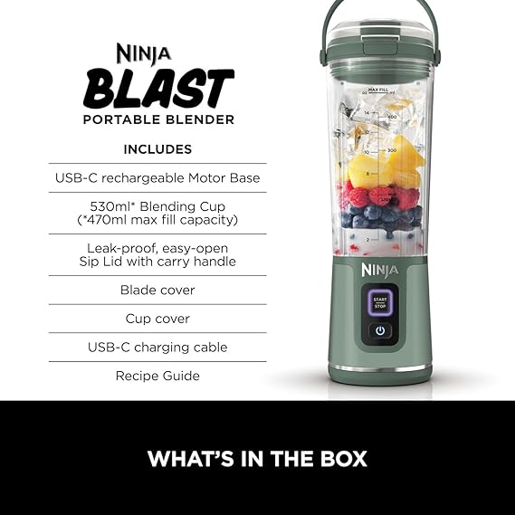 Ninja Blast Portable Blender, 530ml, Leakproof Lid & Sip Spout, Powerful Cordless Mini Blender, Rechargeable, Portable Smoothies, Protein Shakes, Blends Ice & Frozen Fruit, Forest Green, BC151UKEM