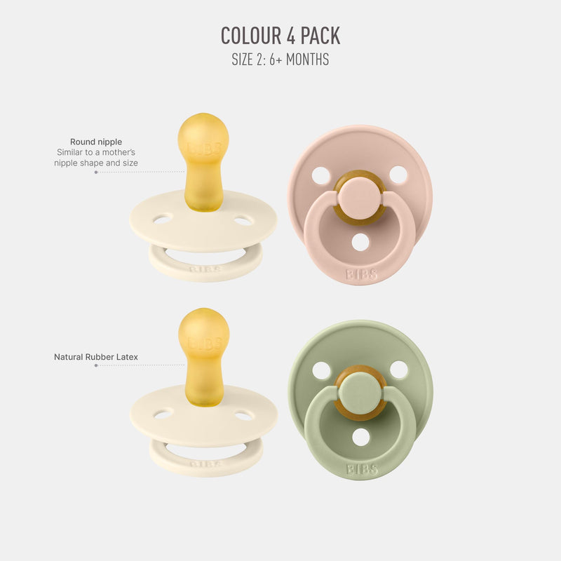 BIBS Dummies Colour 4-Pack, BPA Free Dummy Pacifier, Round Nipple Soothers, Natural Rubber Latex, Made in Denmark, Size 1 (0-6 Months), Cloud