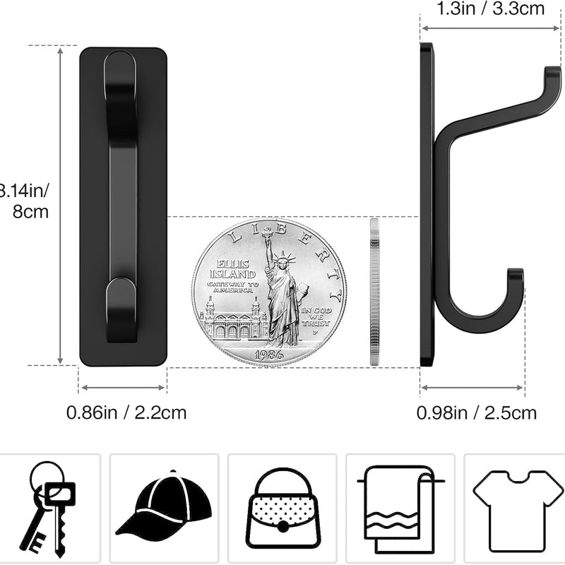 Self Adhesive Hooks, Extra Sticky and Strong, Hanging up to 6KG, Heavy Duty Stick on, No-Nail Hook for Back of Door, Black, 4 Pack