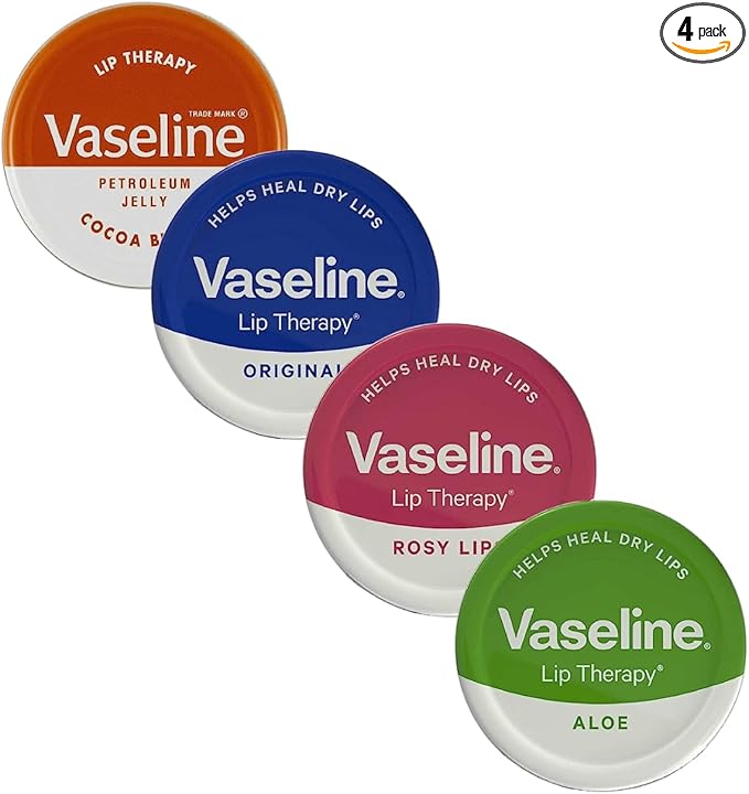 Vaseline Lip Balm - Petroleum Jelly - Lip Therapy - Original, Coco Butter, Alo VeraAnd Rosy 20g Tin - Soothes Dry Lips - Pack Of 4