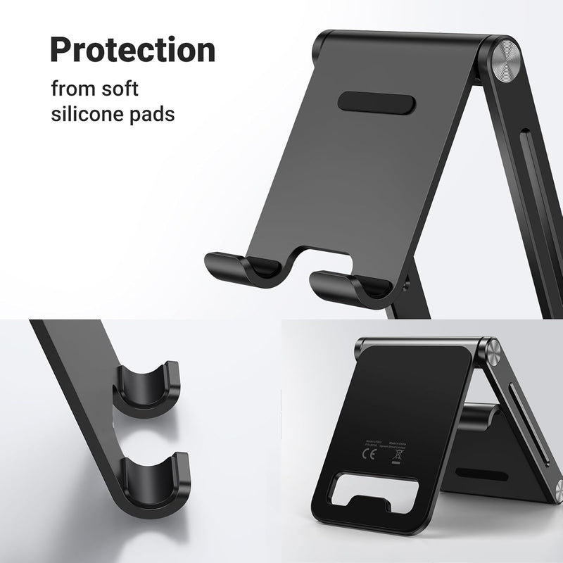 UGREEN Phone Stand Desk Foldable Holder Adjustable Portable Mobile Travel Table Mount Aluminum Compatible for iPhone 16 Pro Max 15 Plus 14 13 12,Galaxy S24 Ultra,Redmi Note 13,Pixel 9,iPad Mini(Black)