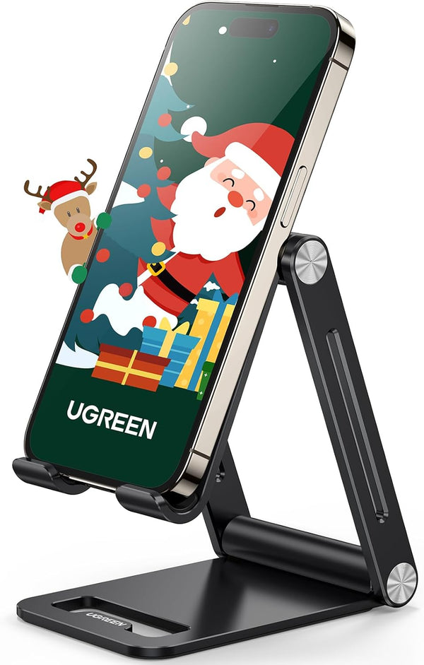 UGREEN Phone Stand Desk Foldable Holder Adjustable Portable Mobile Travel Table Mount Aluminum Compatible for iPhone 16 Pro Max 15 Plus 14 13 12,Galaxy S24 Ultra,Redmi Note 13,Pixel 9,iPad Mini(Black)