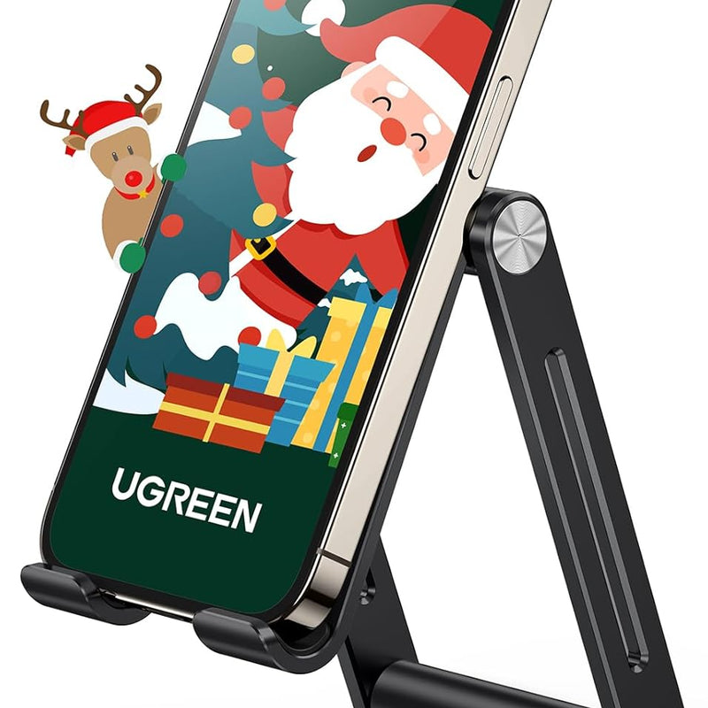 UGREEN Phone Stand Desk Foldable Holder Adjustable Portable Mobile Travel Table Mount Aluminum Compatible for iPhone 16 Pro Max 15 Plus 14 13 12,Galaxy S24 Ultra,Redmi Note 13,Pixel 9,iPad Mini(Black)