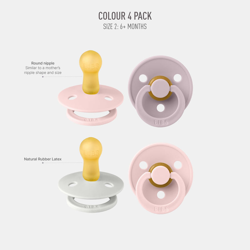 BIBS Dummies Colour 4-Pack, BPA Free Dummy Pacifier, Round Nipple Soothers, Natural Rubber Latex, Made in Denmark, Size 1 (0-6 Months), Cloud