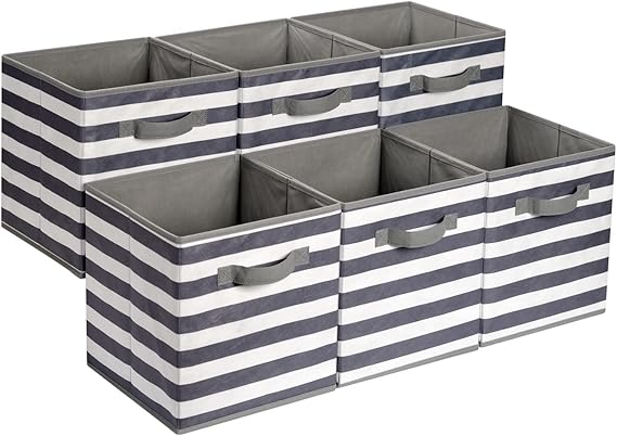 Amazon Basics Collapsible Fabric Storage Cube/Organiser with Handles, Pack of 6, Awning Stripe White/Light Grey, 26.6 x 26.6 x 27.9 cm