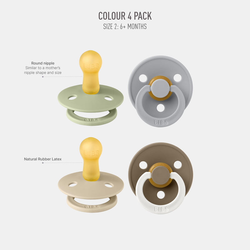 BIBS Dummies Colour 4-Pack, BPA Free Dummy Pacifier, Round Nipple Soothers, Natural Rubber Latex, Made in Denmark, Size 1 (0-6 Months), Cloud
