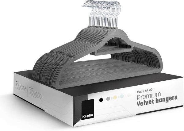 KEPLIN Velvet Hangers 20 Pack - Non-Slip Clothes Hangers with Tie Bar & 360° Hook - Durable & Sturdy, Space-Saving Wardrobe Organisers for Suits, Jackets & Clothes- Home Storage Solution (Grey)